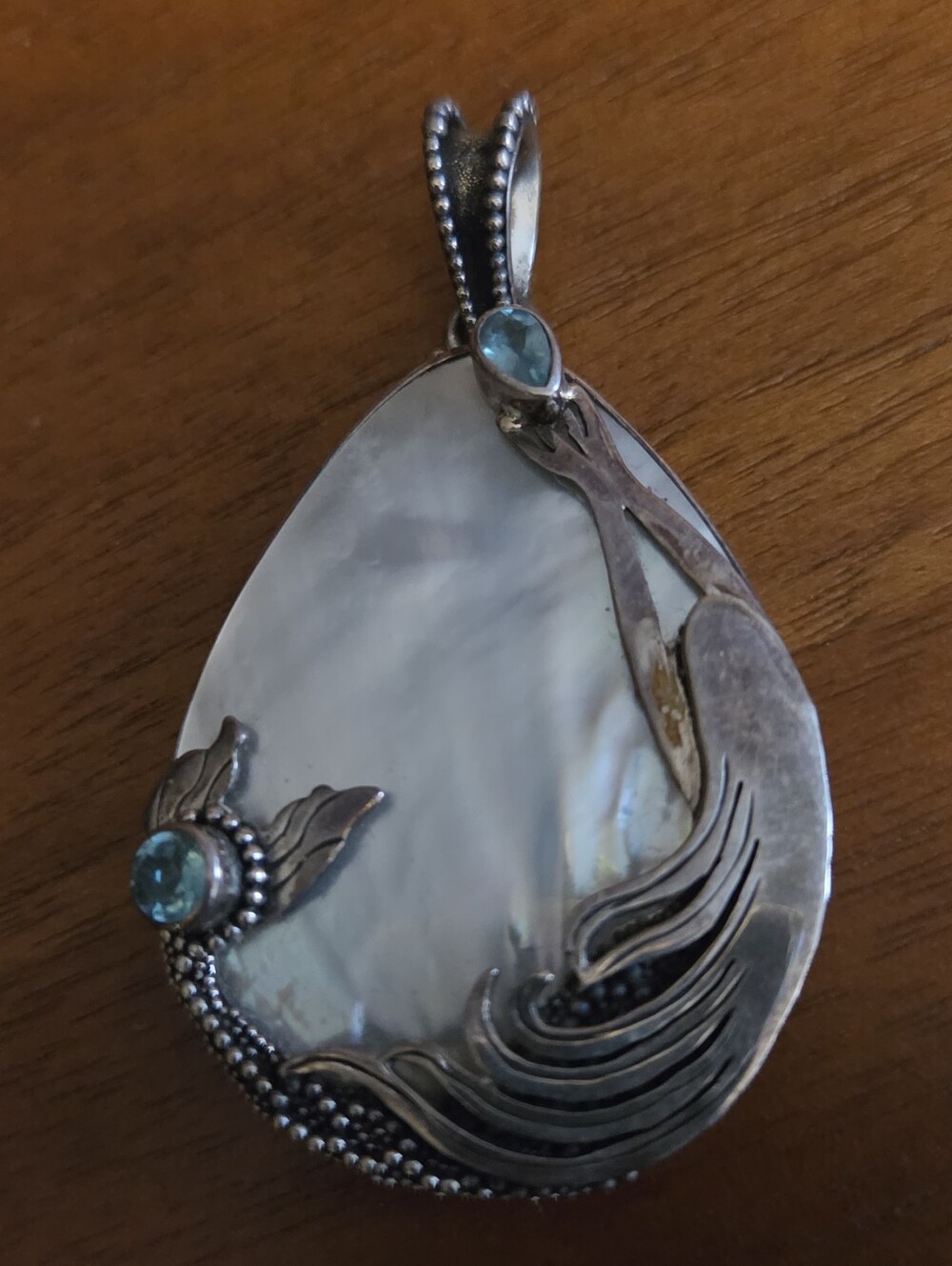 Vintage Sajen 925 MOP blue Topaz Pendant Mermaid
